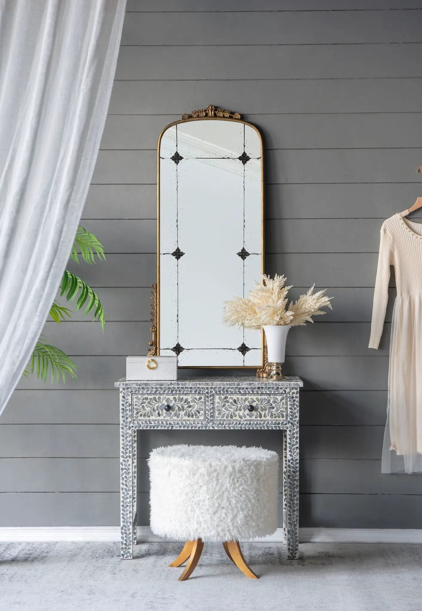 Antique Arched Mirror With Metal Frame, Full Length Mirror For Living Room Bathroom Entryway - Gold by Unique Piece Furniture