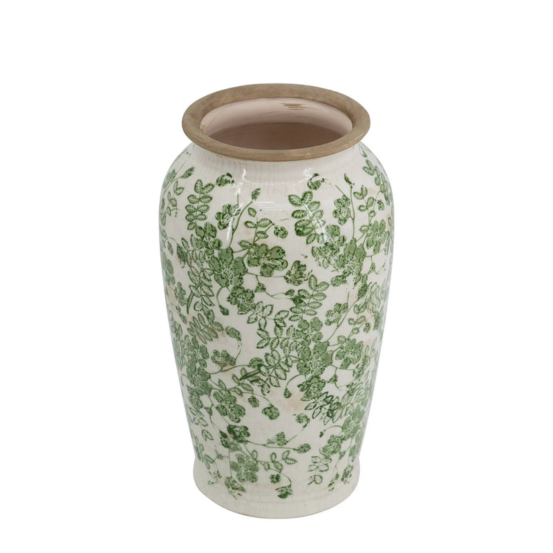 6.5x6.5x11.6 White Ceramic Flower Vase with Green Floral Pattern by HouseOfZazla