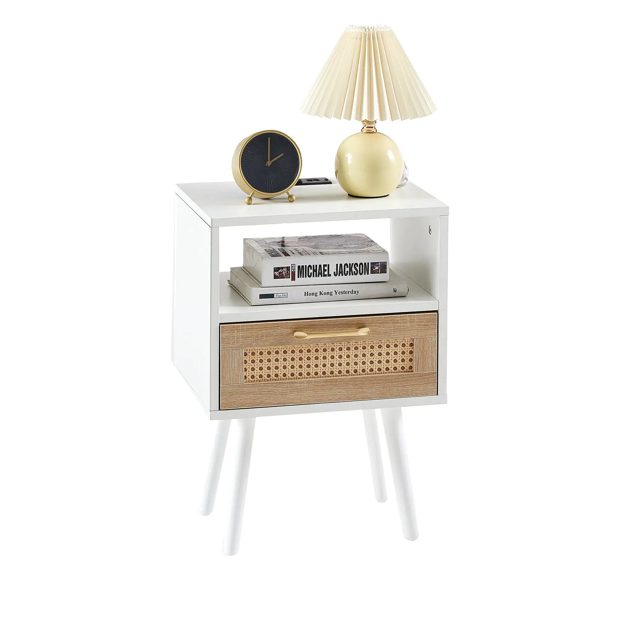 15.75" Rattan End Table With Power Outlet & USB Ports, Modern Nightstand With Drawer And Solid Wood Legs, Side Table For Living Room, Bedroom by Unique Piece Furniture