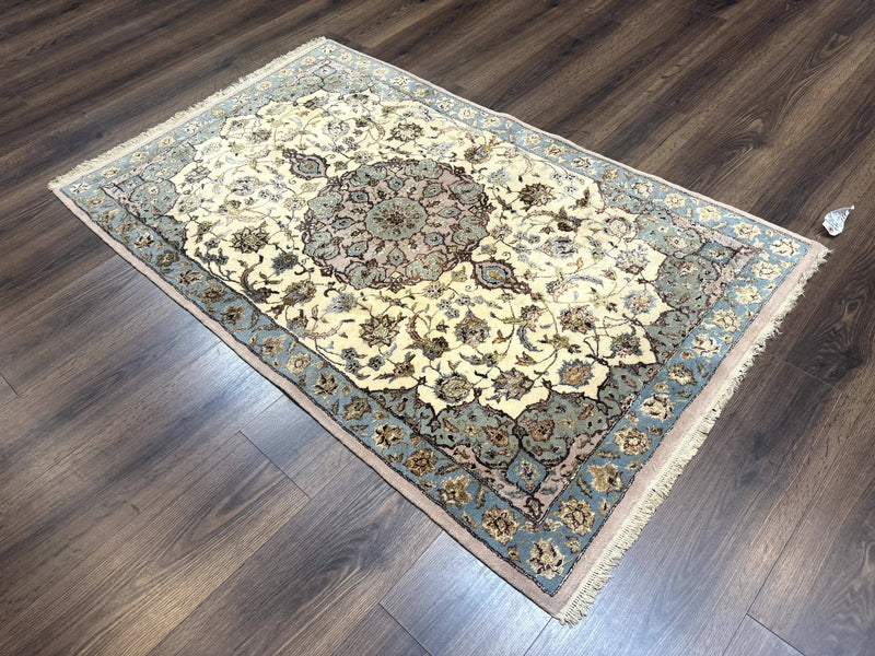 Persian Isfahan Rug 3x5, Fine 310 KPSI, Kork Wool Silk Foundation, Cream & Light Green by Jewel Rugs