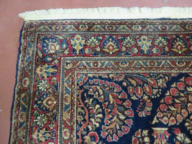 Antique Persian Sarouk Rug 4x6, Hand Knotted 1920s Oriental Carpet 4 x 6 ft, Navy Blue and Red Wool Rug, Handmade Floral Allover Persian Area Rug by Jewel Rugs