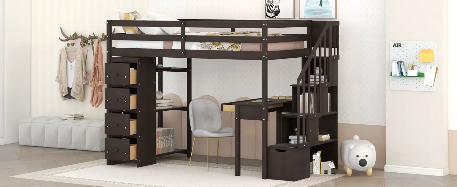 Loft Bed With Storage Drawers, Desk And Stairs With Shelves by HouseOfZazla