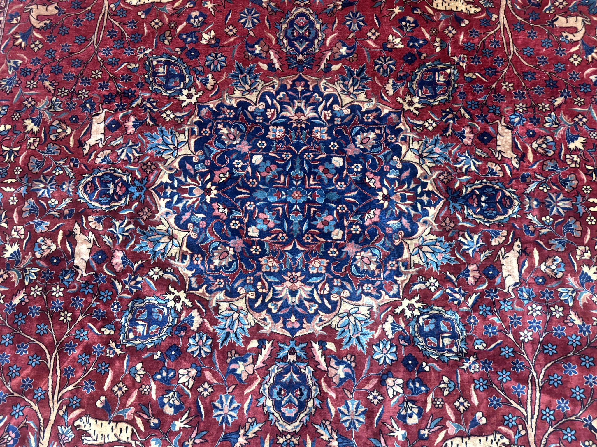 Antique Indo Persian Kerman Rug 9x12 Red Manchester Wool Animal Pictorials, Fine 290 KPSI by Jewel Rugs