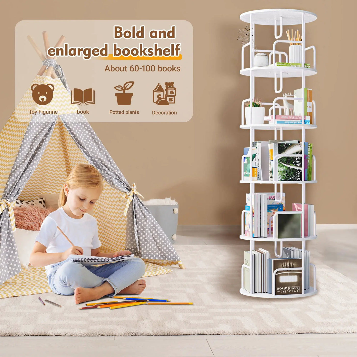 Rotating Bookshelf Tower 5 Tier Spinning 360 Degree Revolving Storage Shelf by Unique Piece Furniture