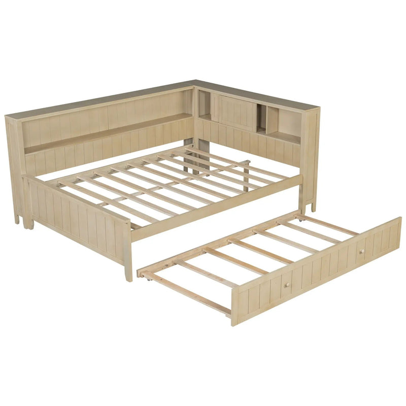 Full Size Daybed With Storage Shelves And Trundle - Ancient White