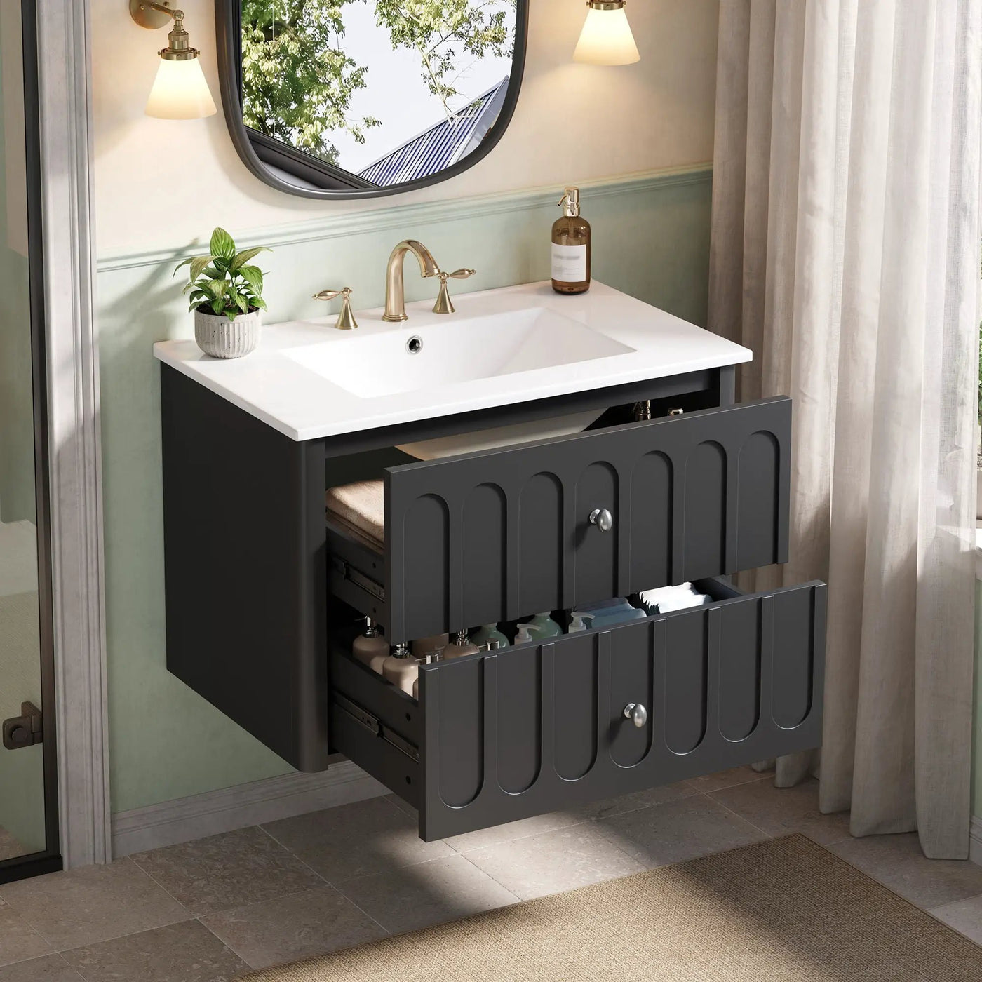 Floating Bathroom Vanity With Oval Knobs & Round Edge, Soft Close Drawer Slides by HouseOfZazla