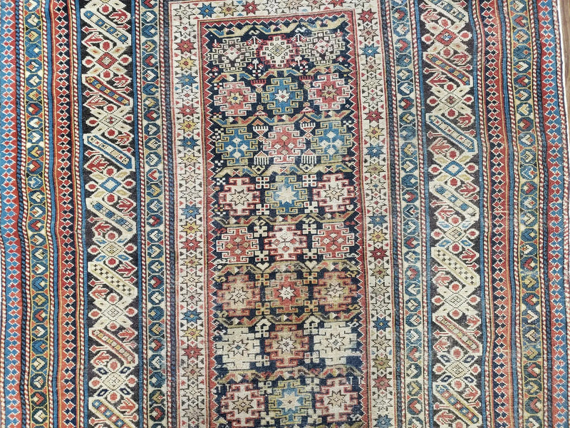 Caucasian Rug 3'9" x 5'7", Antique 1920s Collectible Caucasian Chi Chi Carpet, Hand Knotted, Colorful, Dark Blue Cream Red, Wool, Small Rug by Jewel Rugs
