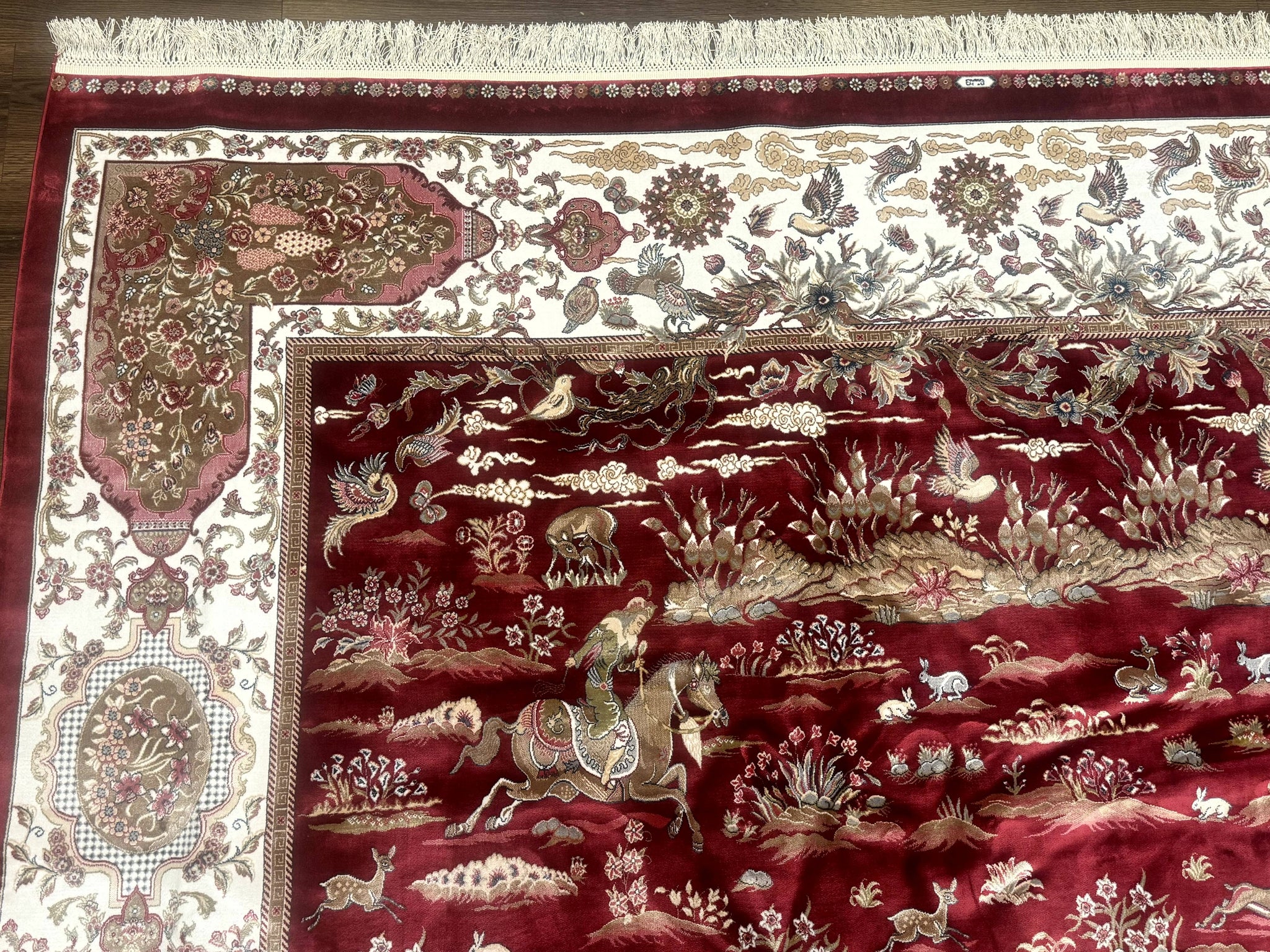Turkish Silk Rug 8x10, Red & Ivory, Hunting Design, Bamboo Silk, New by Jewel Rugs