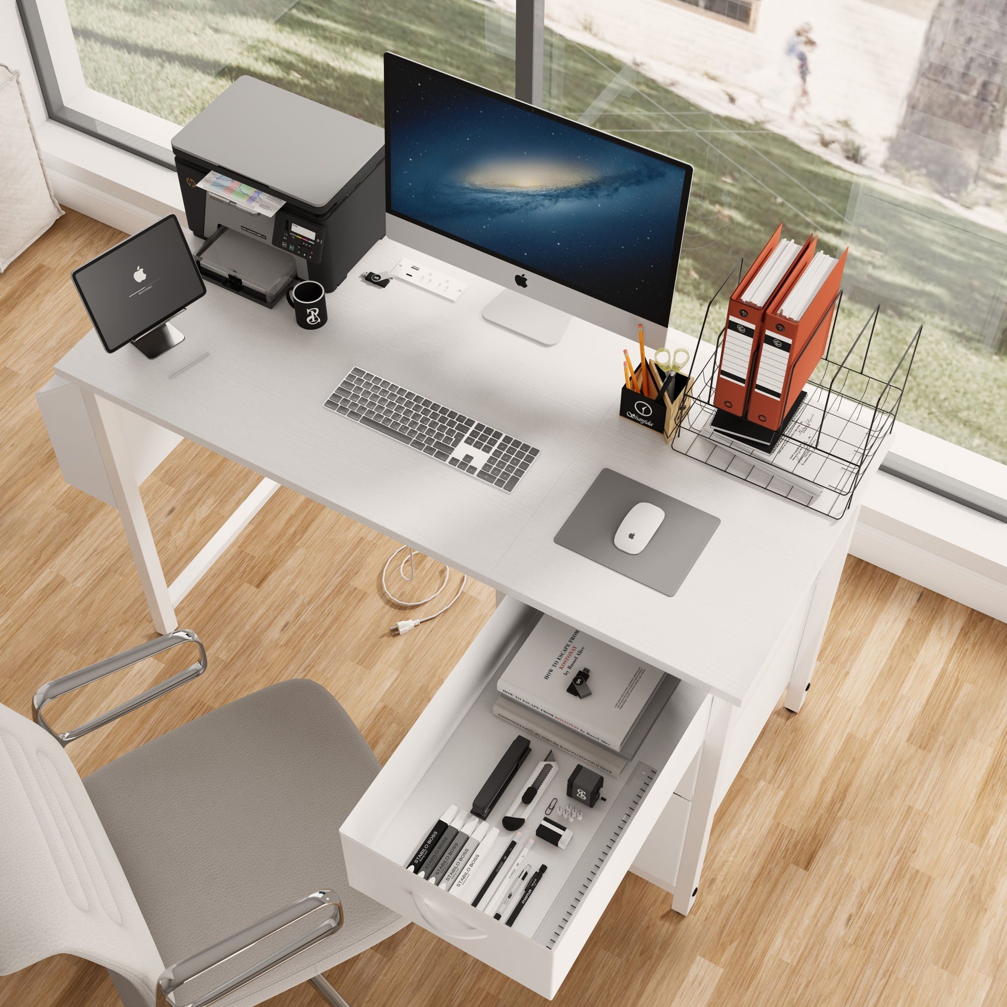 Office Desk With Power Outlet, 3 Drawers And Side Pocket For Office - White by HouseOfZazla