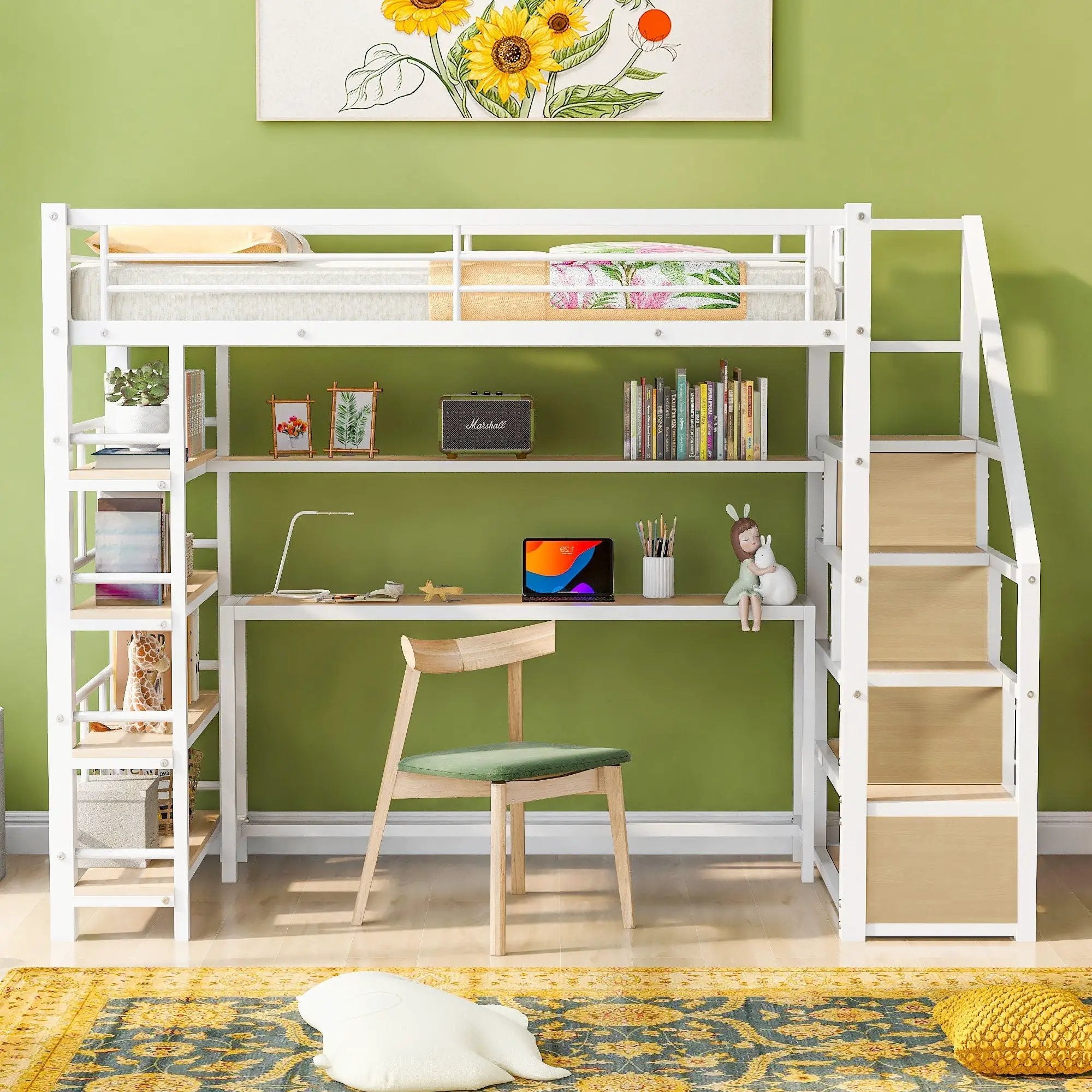 Twin Size Loft Bed With Built In Desk, Staircase Storage & 4 Tier Shelves - White by HouseOfZazla