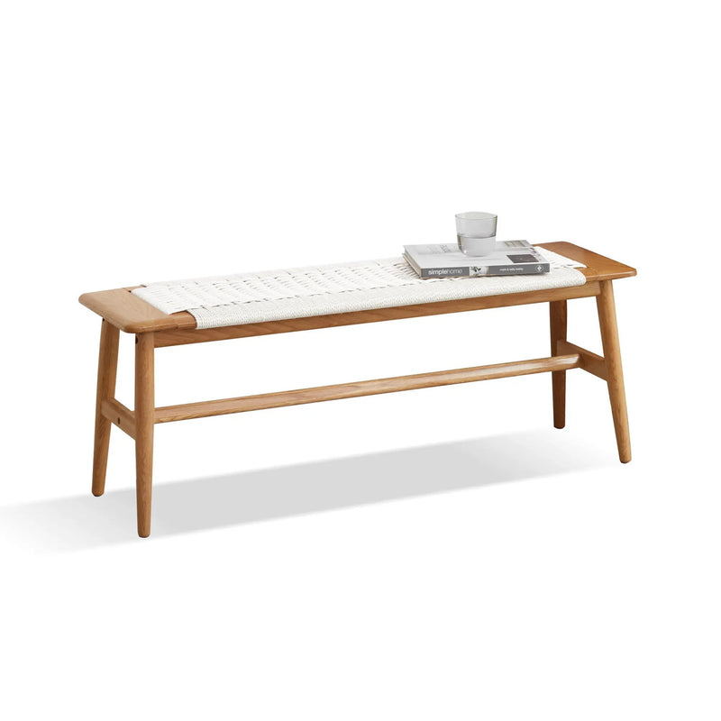 Design Natural Oak Wood Dining Bench with Handwoven Cane Seat in White by HouseOfZazla