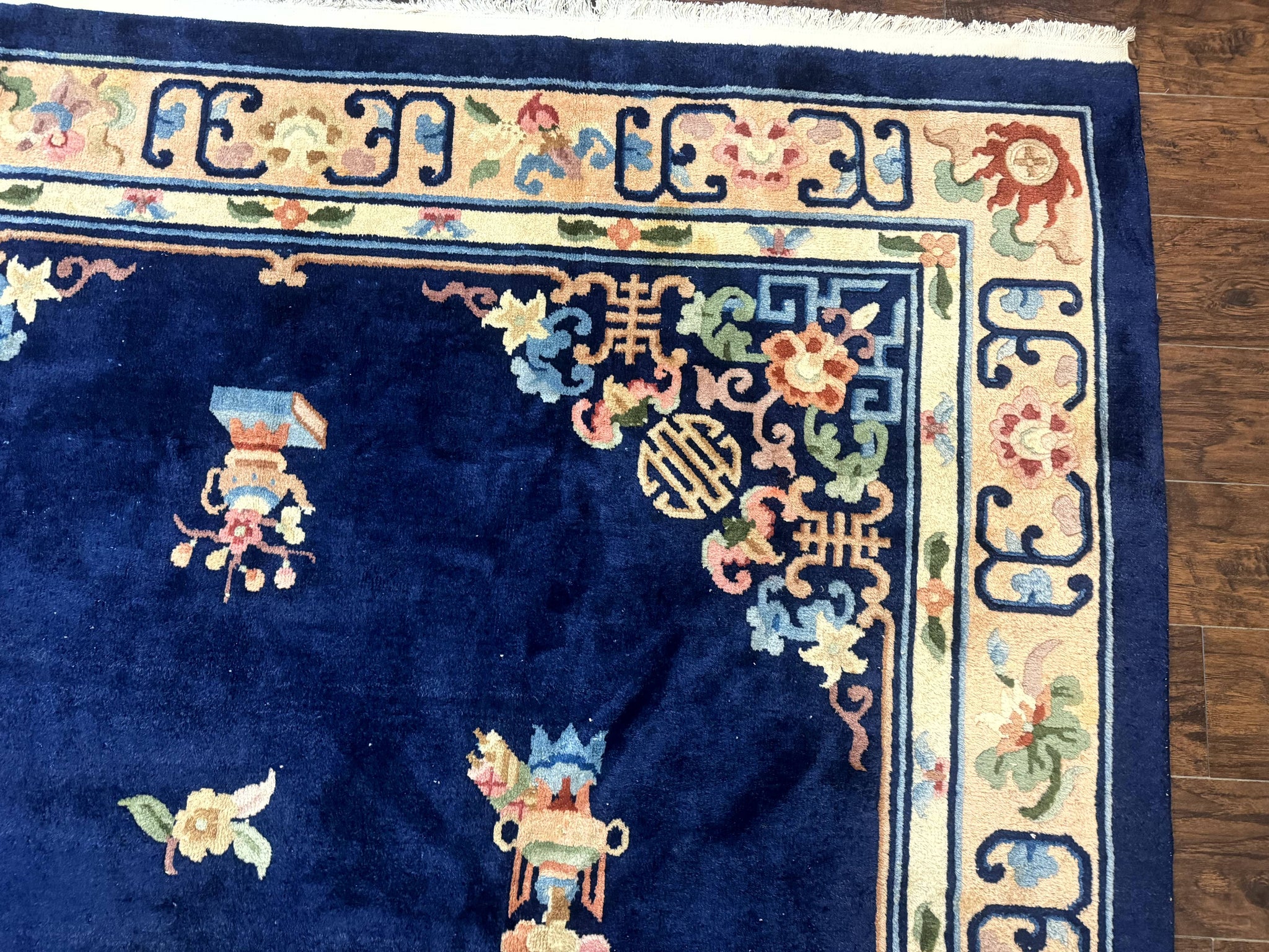 Chinese Wool Rug 8x11, Navy Blue and Beige, Simple Design, Fete Carpet by Jewel Rugs