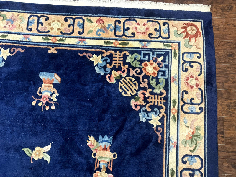 Chinese Wool Rug 8x11, Navy Blue and Beige, Simple Design, Fete Carpet by Jewel Rugs