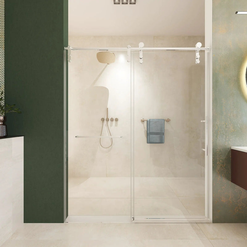 Frameless Shower Door, Sliding Shower Door, Premium 5 / 16" (8 Mm) Thick Tempered Glass Shower Enclosure With Towel Bar, Double Side Easy Clean Coat, Finished With Buffer by HouseOfZazla