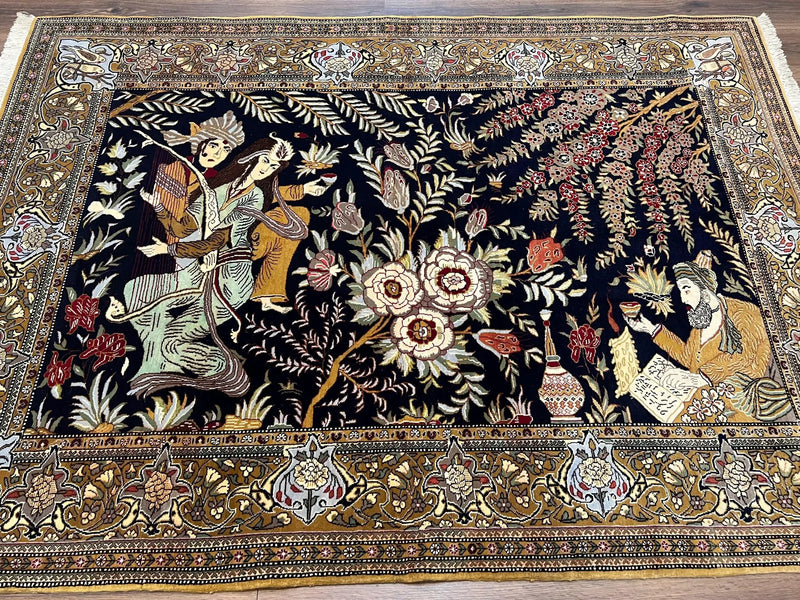 Persian Qum Pictorial Rug 4.8 x 6.5 - Layla & Majnun, Birds by Jewel Rugs