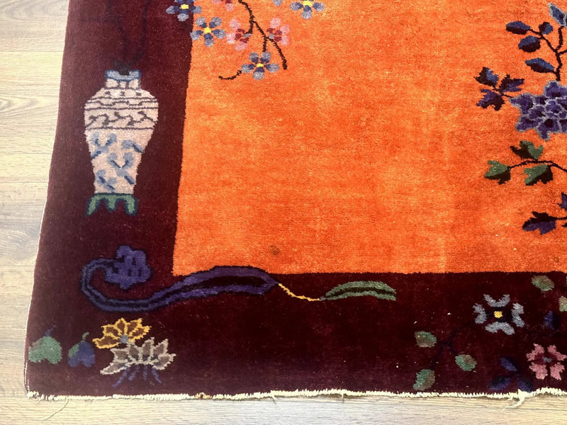 Chinese Art Deco Rug 5x8, Antique Chinese Wool Rug, Nichols Rug, Rare Chinese Carpet, Orange and Purple-Maroon by Jewel Rugs