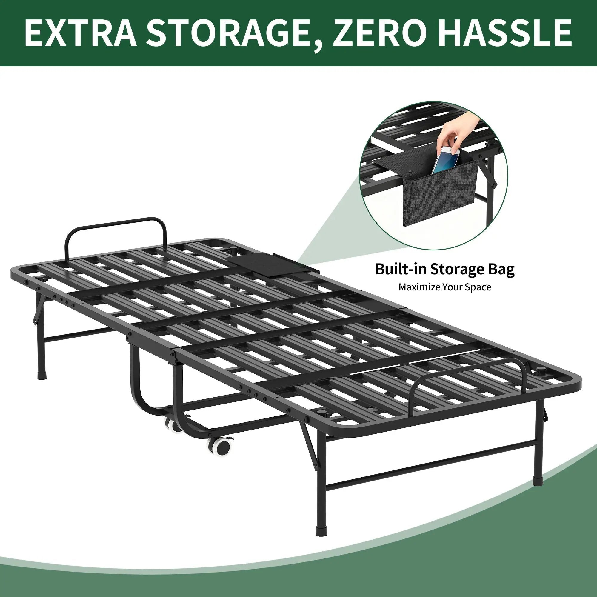 Twin Folding Bed With Memory Foam Mattress, On Wheels, Portable Bed For Adults & Guests - Black by Unique Piece Furniture