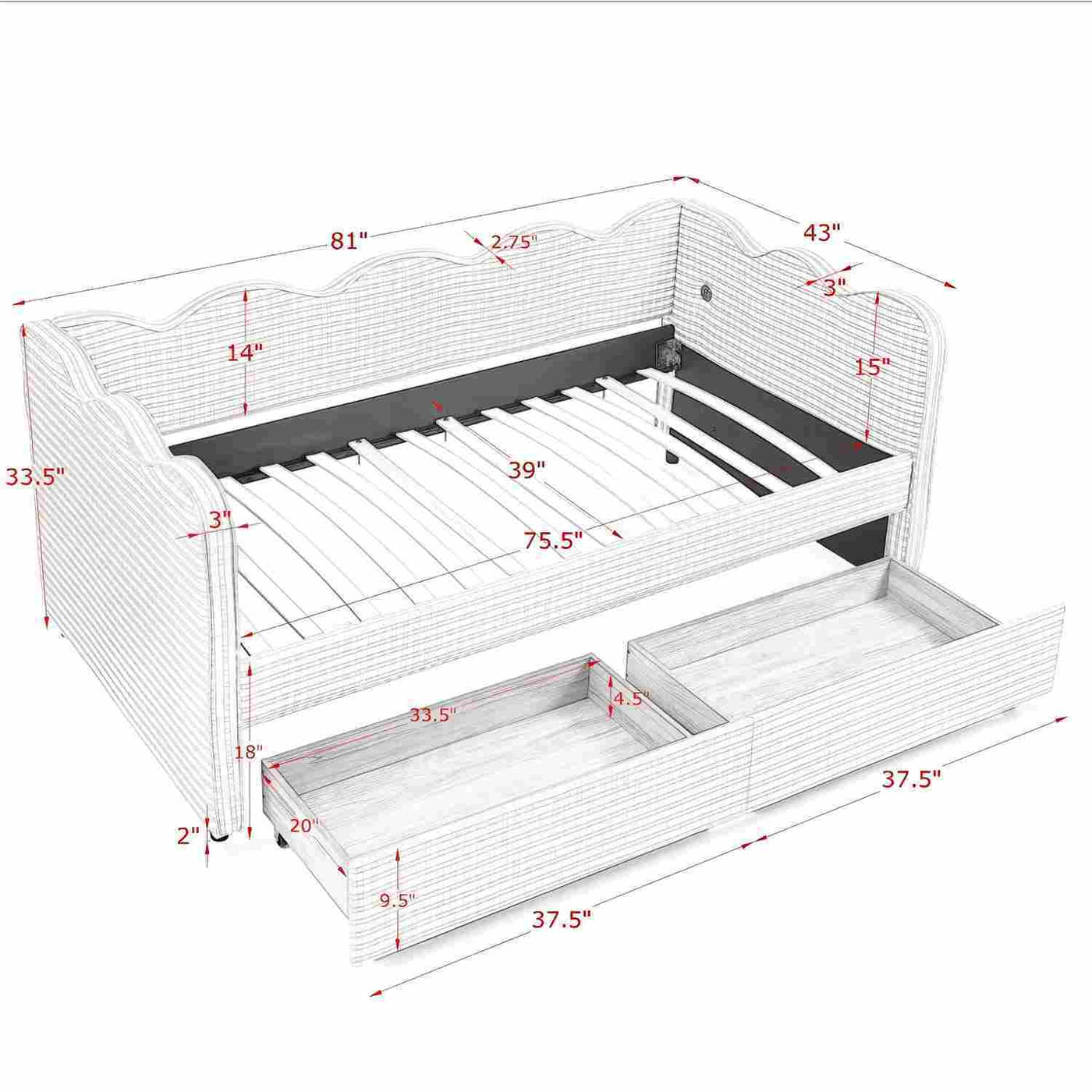 Gingham Daybed With USB Charging Port, Wave-Shaped Design by HouseOfZazla