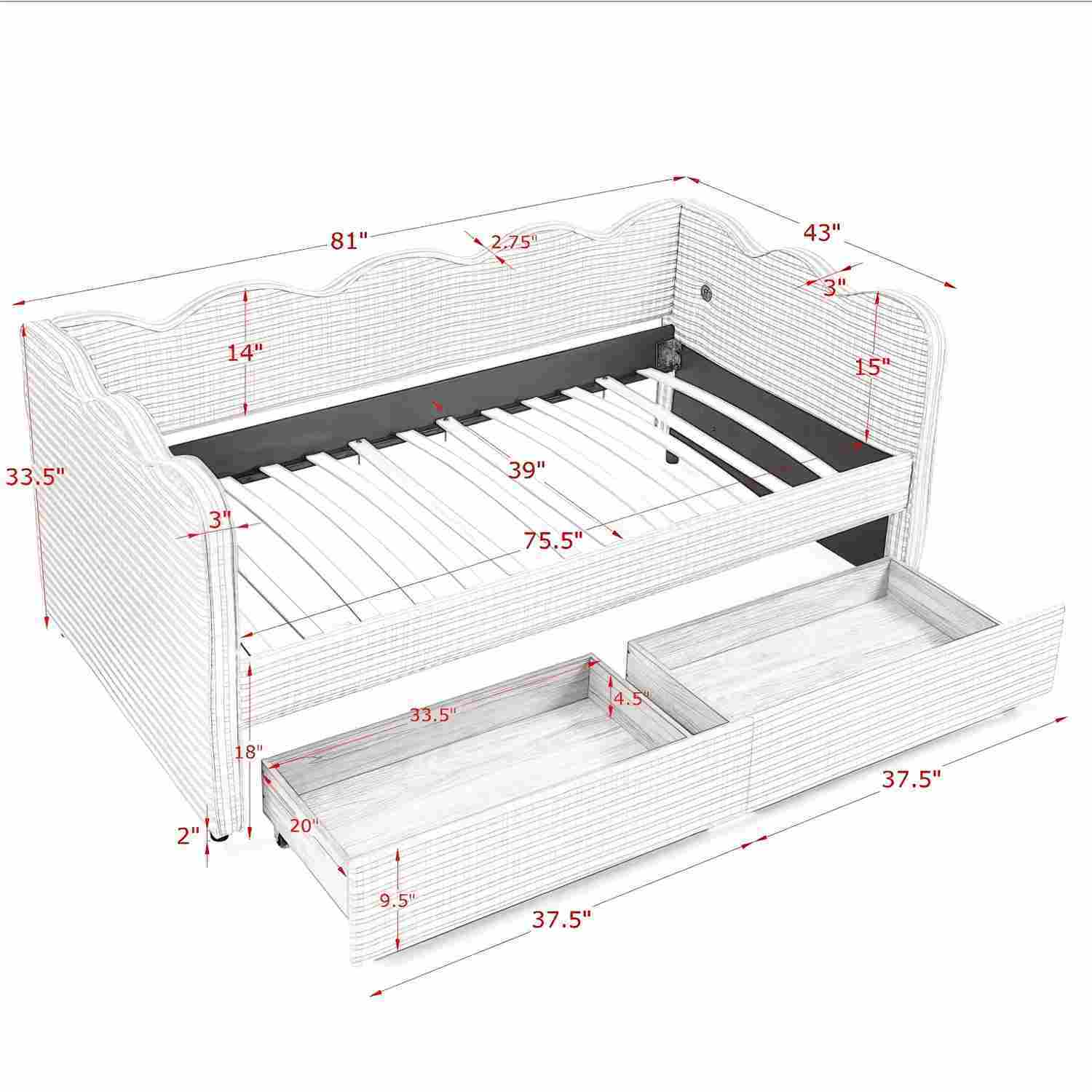 Gingham Daybed With USB Charging Port, Wave-Shaped Design by HouseOfZazla
