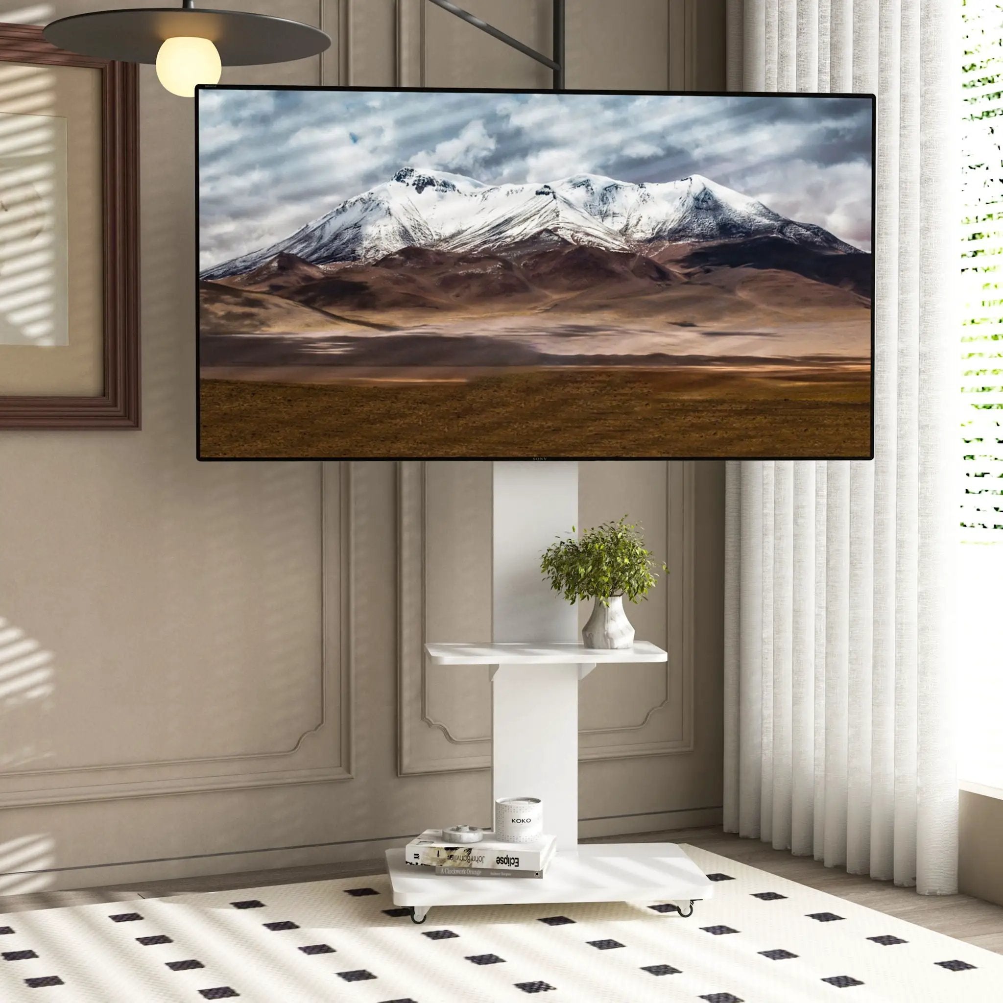 Mobile TV Stand With Shelf Floor Mount Cart For TVs With Lockable Wheels Ideal For Living Room Bedroom Or Office - White by HouseOfZazla