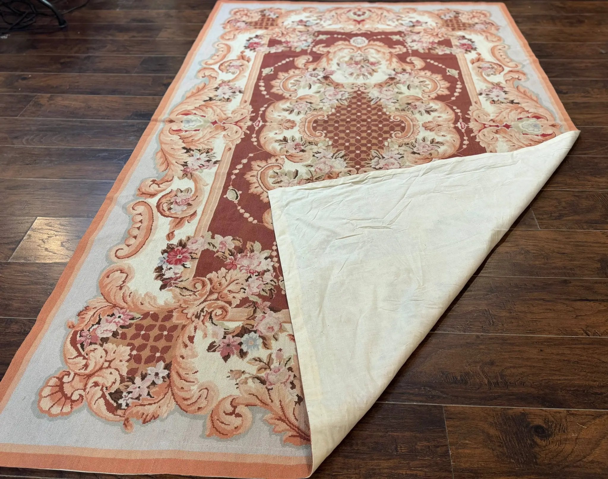 Vintage Needlepoint Rug 6x9, Aubusson Rug, Flatweave Wool Elegant Carpet, Medium Size, French European Design by Jewel Rugs