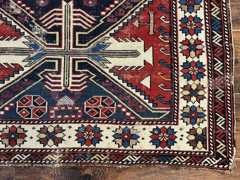 Antique Shirvan Caucasian Rug 3x5, Geometric Pattern, Red Navy Blue Beige by Jewel Rugs