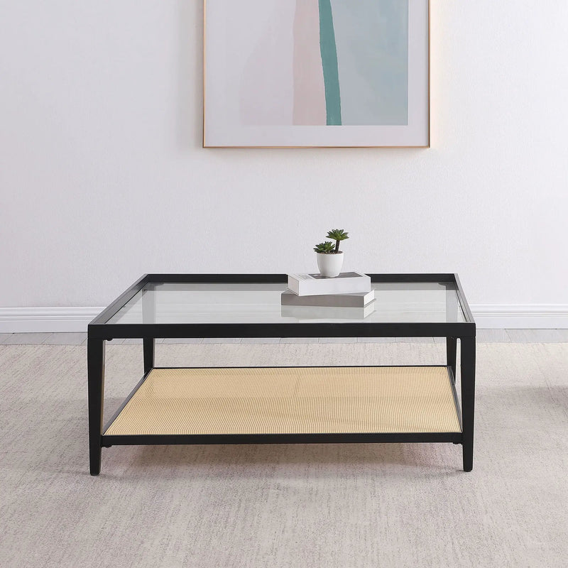 Amherst Glass Top Metal with Cane Shelf Coffee Table Black by Unique Piece Furniture