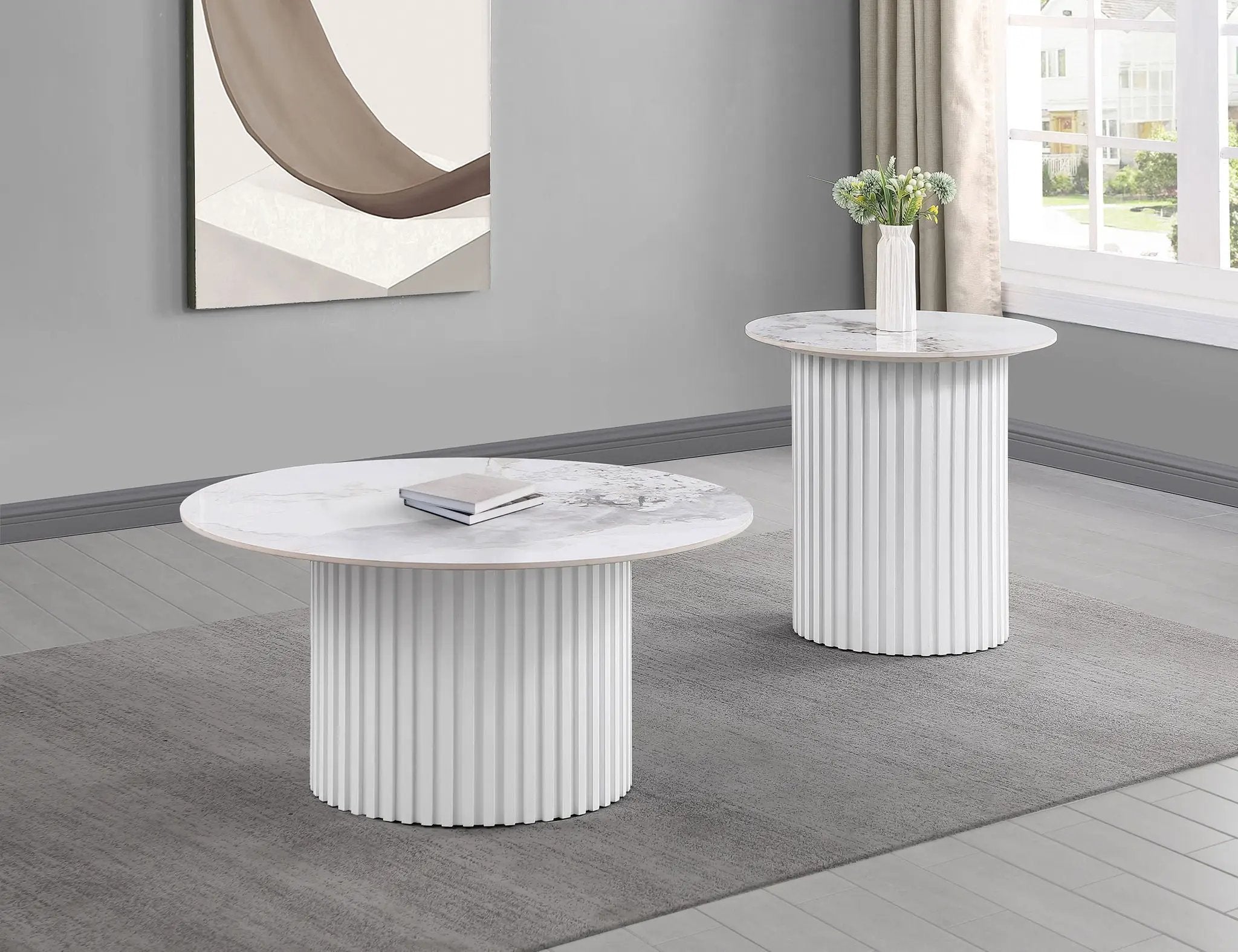 Rowena Round Sintered Stone End Table White Faux Marble by Unique Piece Furniture