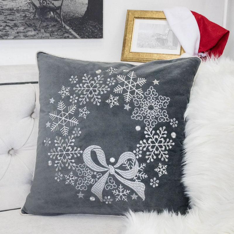 Gray Velvet Holiday Throw Pillow with Snowflake Wreath Embroidery by HouseOfZazla