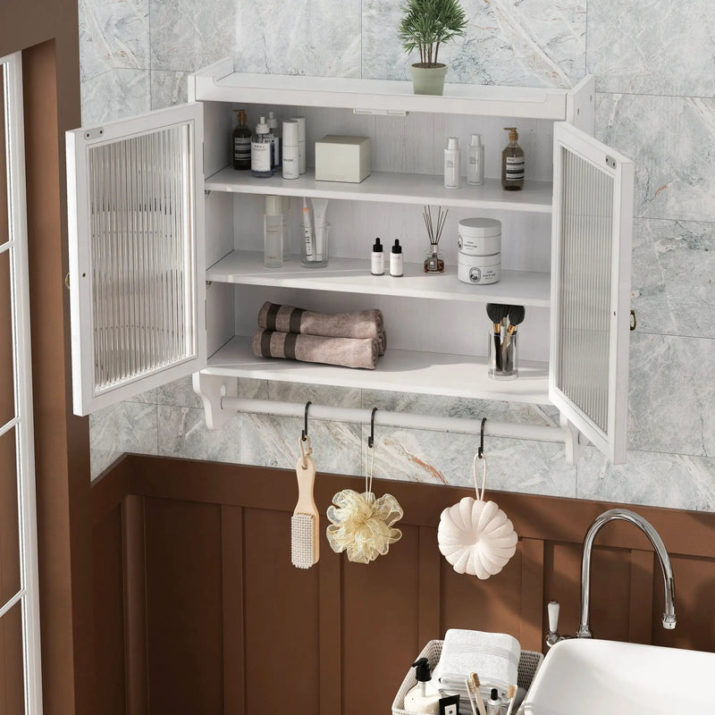 Vintage Double Door Wall Cabinet With Three Tiers Storage And Towel Rack - White Washed by Unique Piece Furniture