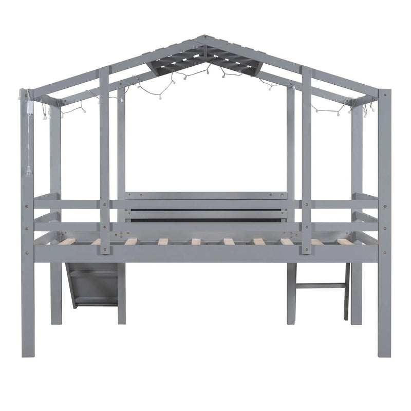 Loft House Bed With Ladder And Slide, With board And Light Strip On The Roof by HouseOfZazla