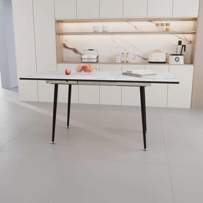 Modern Industrial Expandable Dining Table 47" To With Marble Pattern Top And Metal Legs - White by Unique Piece Furniture