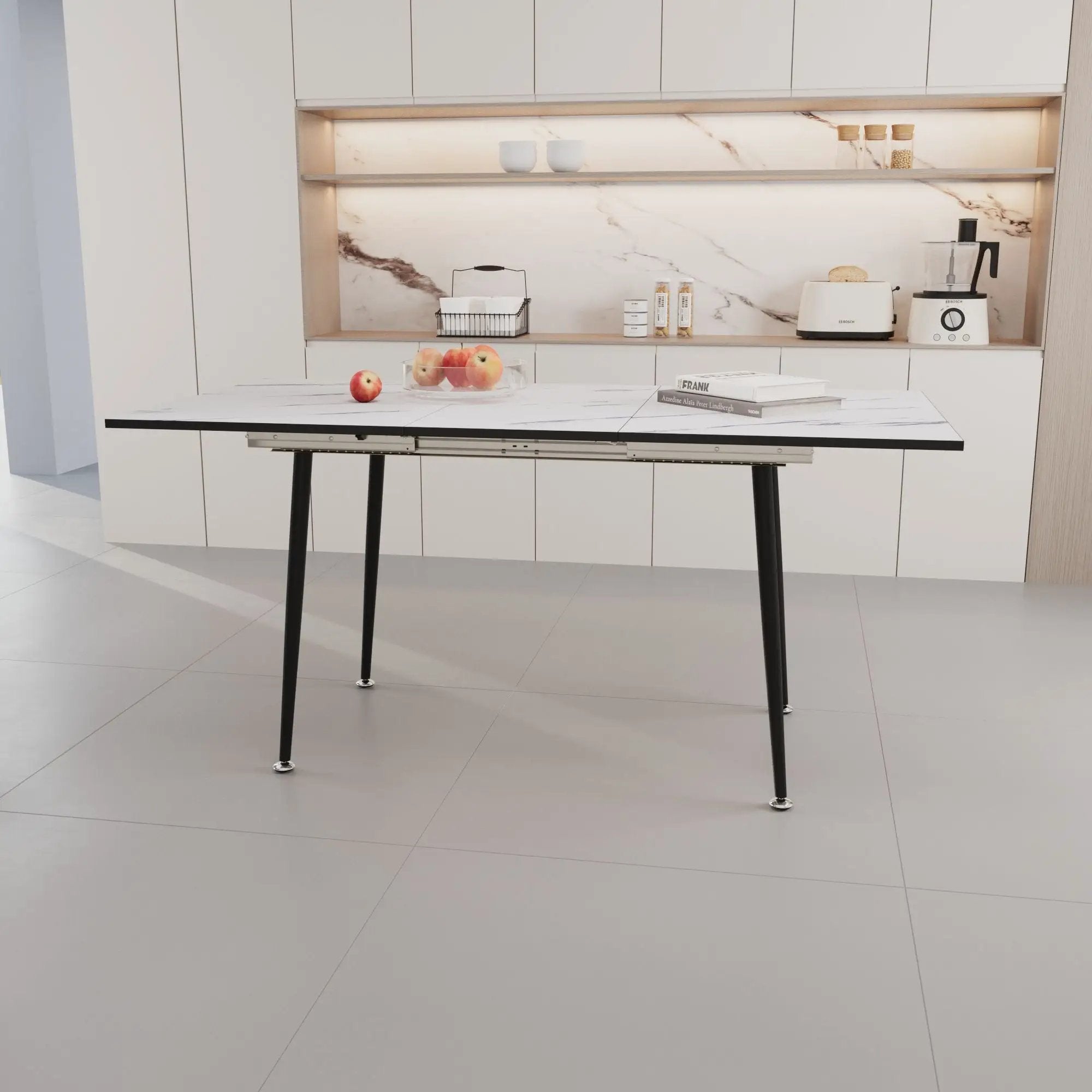 Modern Industrial Expandable Dining Table 47" To With Marble Pattern Top And Metal Legs - White by HouseOfZazla