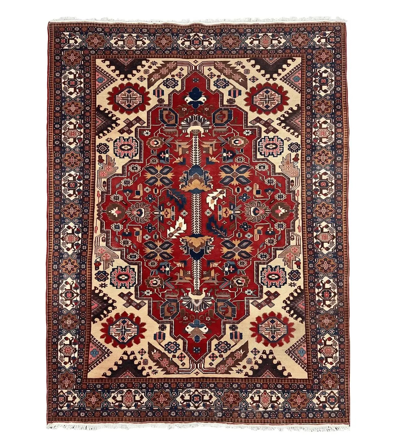 Antique Persian Heriz Rug 8x12 ft, Geometric Tribal Room Sized Carpet, Camel Hair Red Navy Blue, Wool Hand Knotted Medallion Oriental Carpet by Jewel Rugs