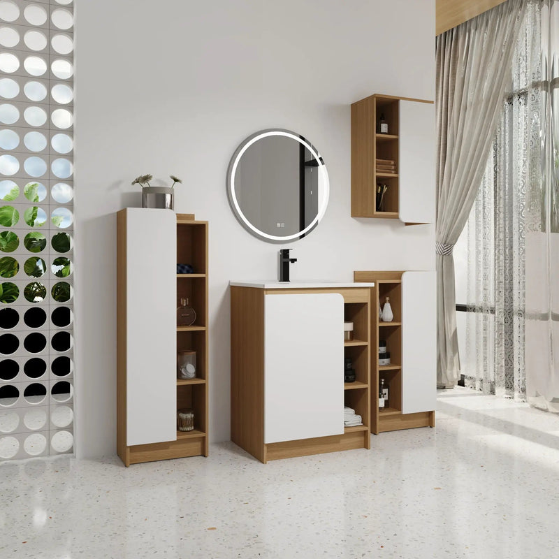 4 Piece Bathroom Vanity Set With Sink, Vanity Combo With Storage Cabinets - Black / Light Oak / White