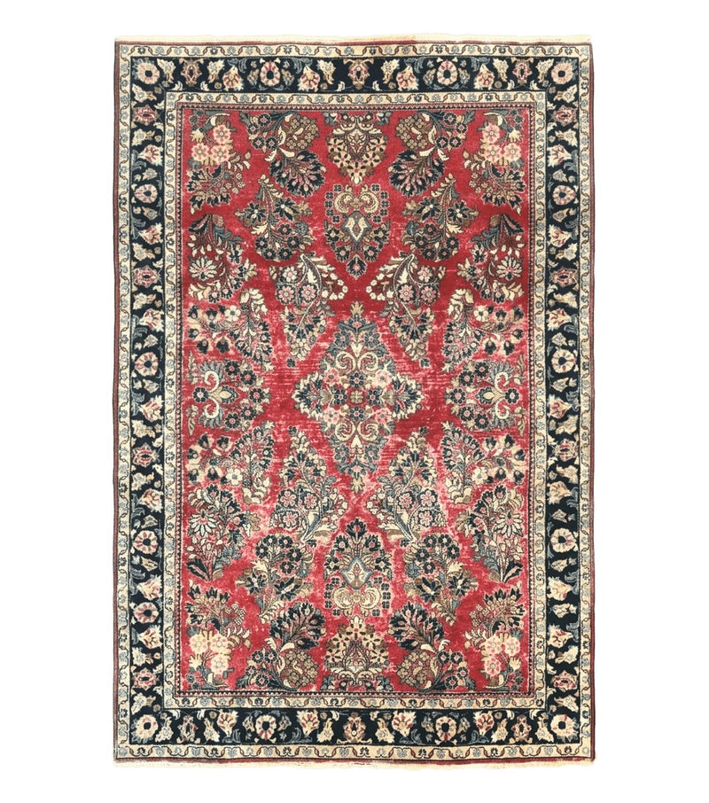 Antique Persian Sarouk Rug 4x7, Floral, Red 1920s Persian Wool Carpet by Jewel Rugs