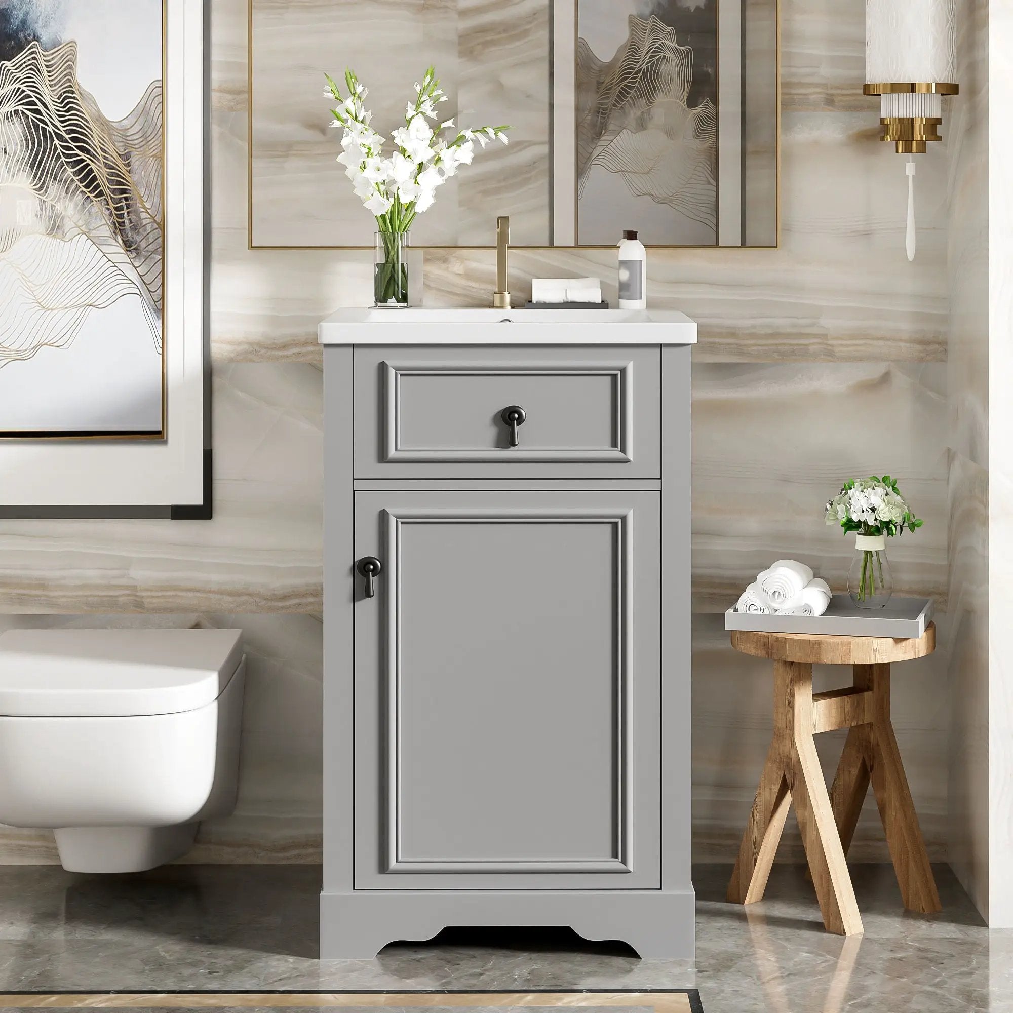 Elegant Bathroom Vanity With Ceramic Sink, Soft Close Door, Adjustable Shelf by HouseOfZazla