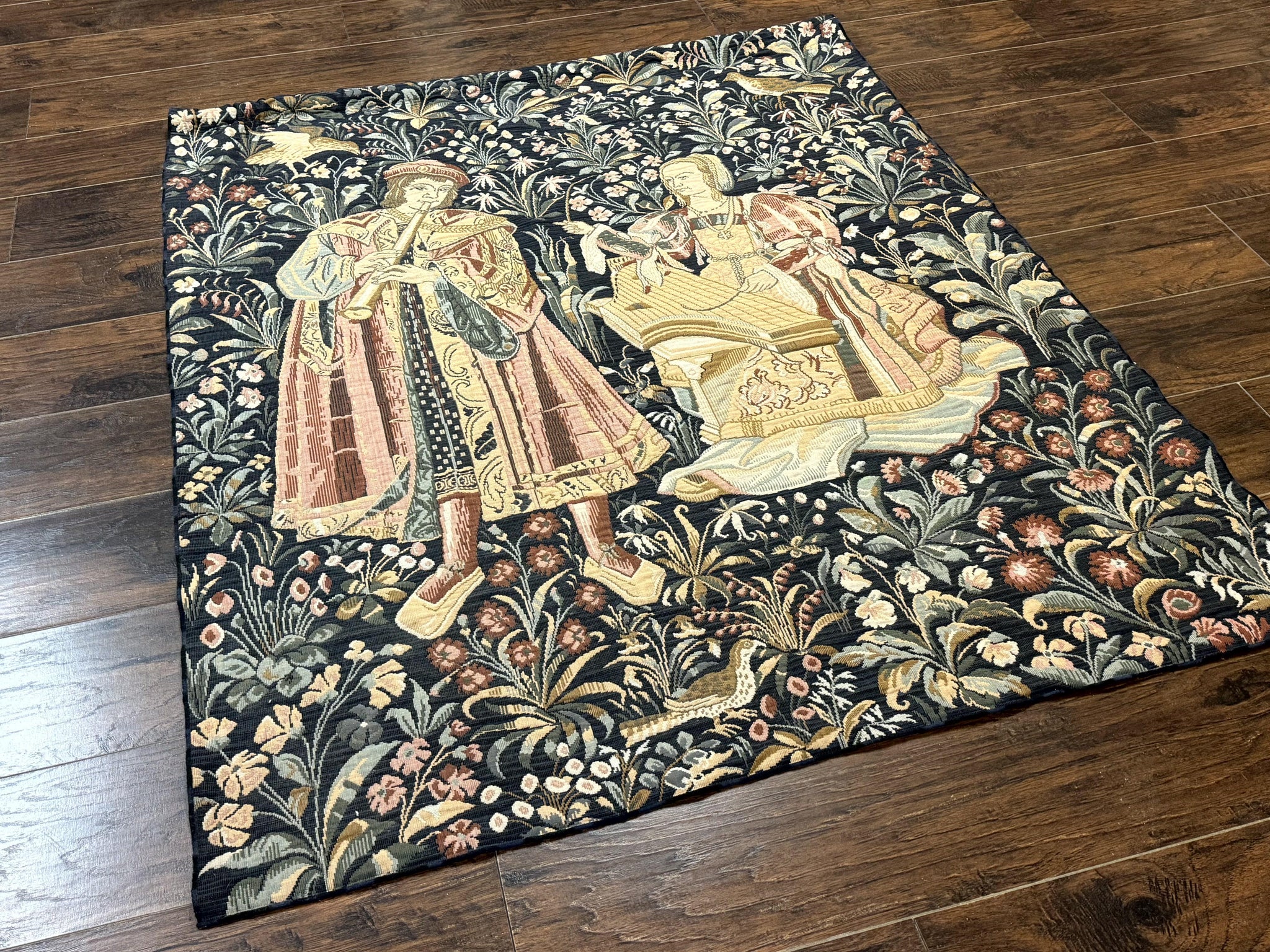 Vintage Belgium Tapestry 4x5, The Concet Musicians, Green by Jewel Rugs