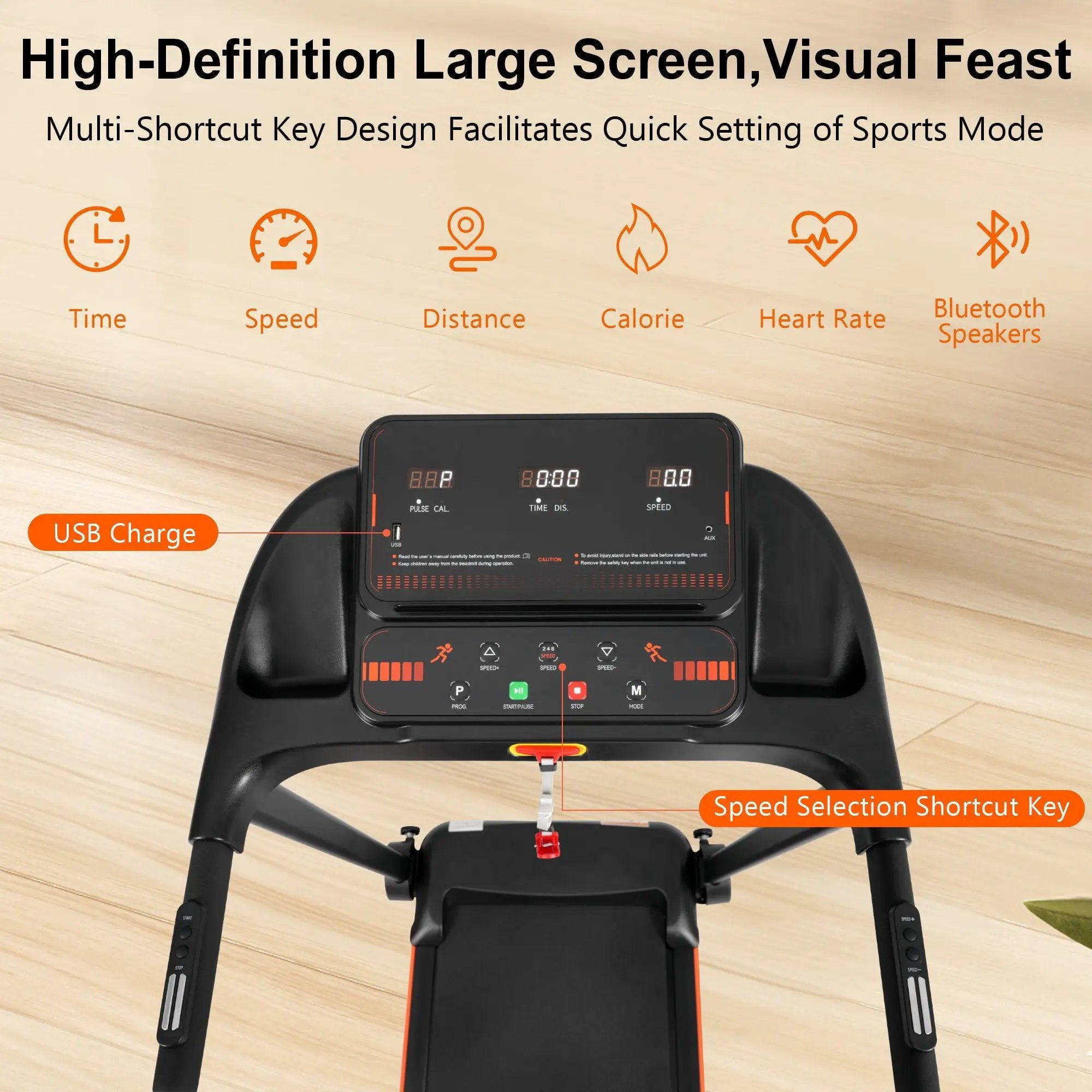 2.5Hp Quiet Folding Treadmill With Heart Rate Sensor, 300Lbs Weight Capacity, With USB Charge Station For Android & Bluetooth Speaker, 6 Shock Absorbing - Black by HouseOfZazla
