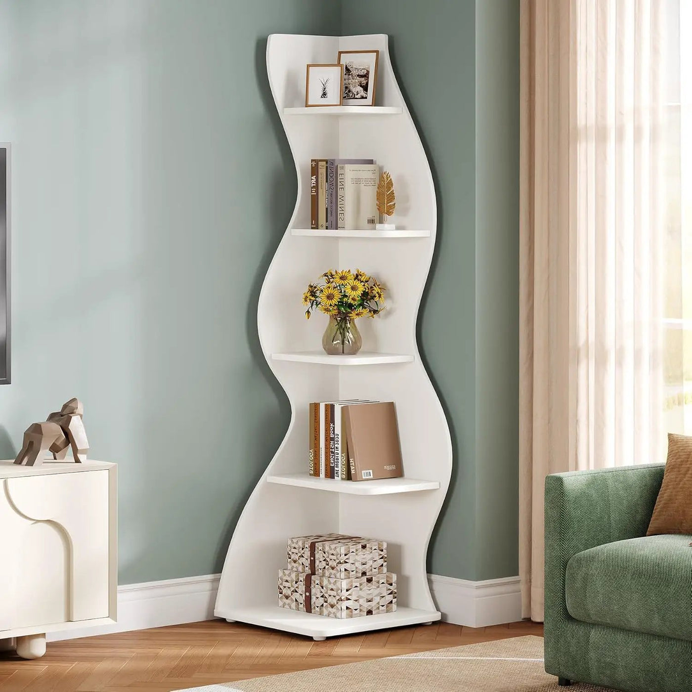5 Tier Wavy Corner Bookshelf And Plant Stand For Living Room by HouseOfZazla