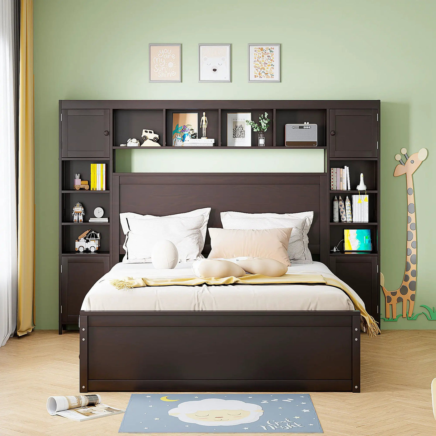 Bed With All In One Cabinet, Shelf And Sockets, Twin Long Trundle by HouseOfZazla