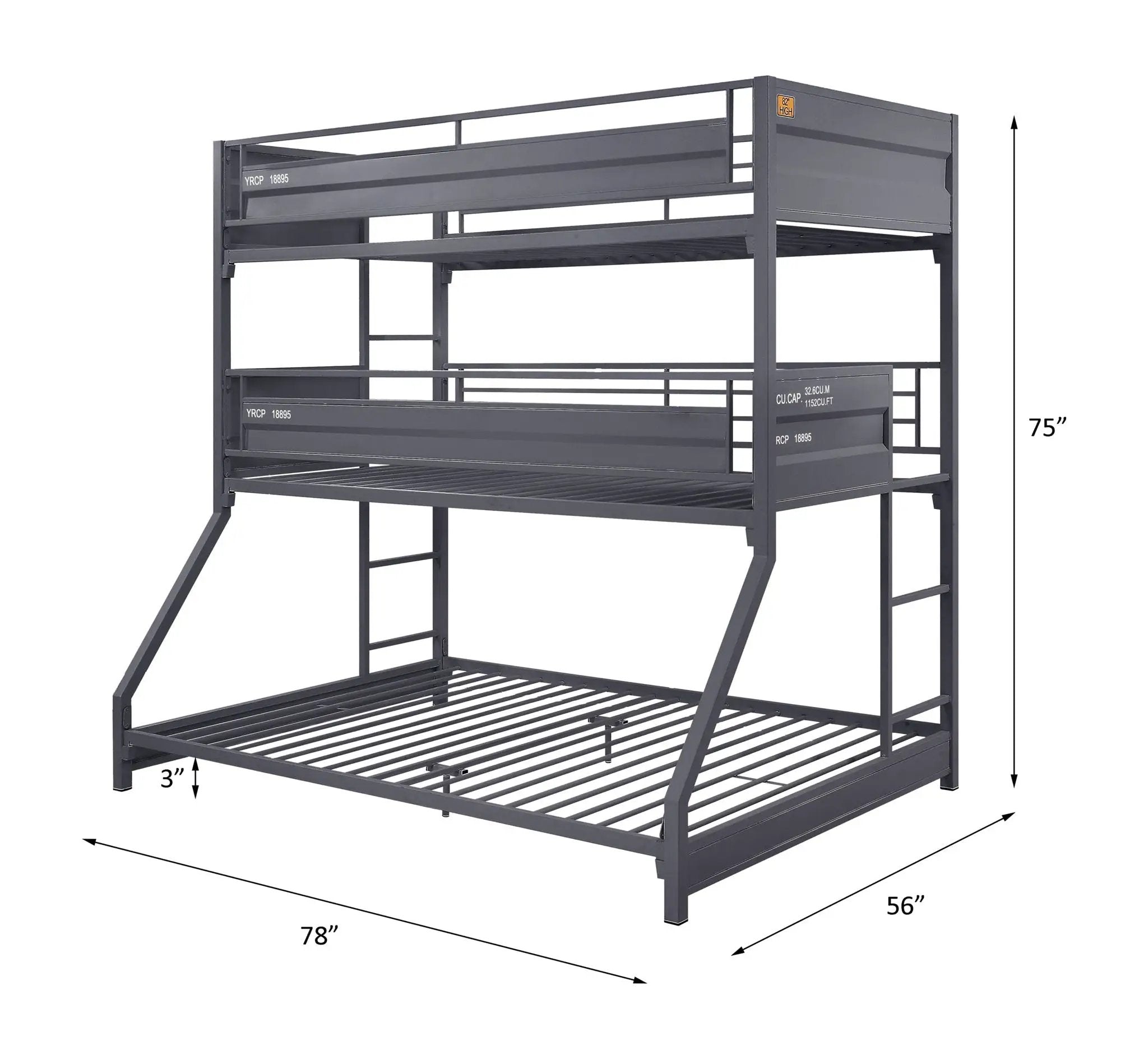 Cargo - Twin Over Twin Over Full Bunk Bed - Gunmetal by Unique Piece Furniture