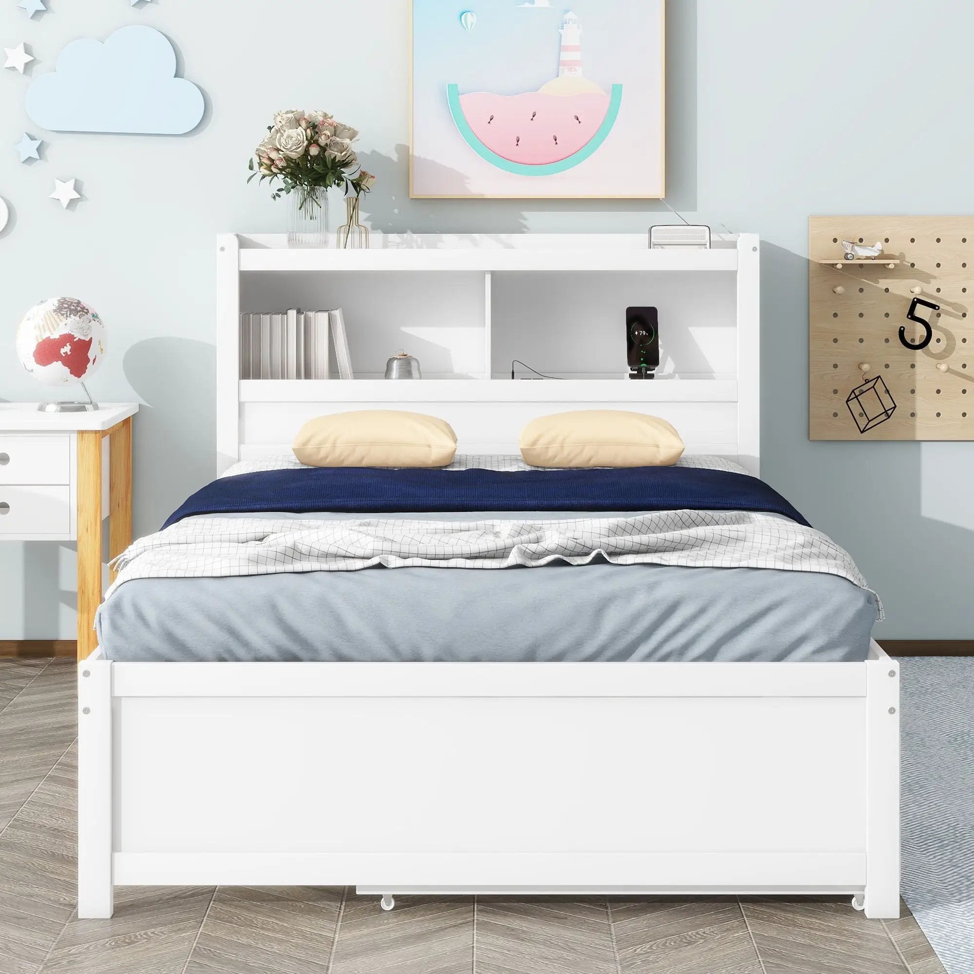 Full Size Platform Bed With Trundle, Drawers, USB Ports And Built In Shelves - White by Unique Piece Furniture