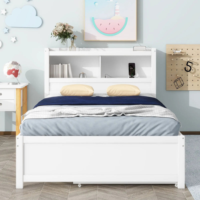 Full Size Platform Bed With Trundle, Drawers, USB Ports And Built In Shelves - White by Unique Piece Furniture