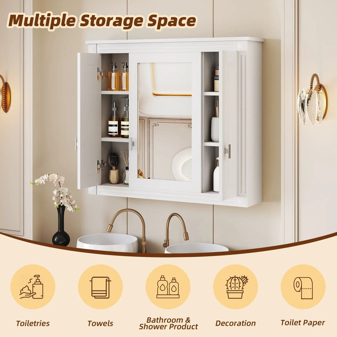 Wall Mounted Bathroom Cabinet With Mirror And 5 Shelves, Rectangular Design by Unique Piece Furniture