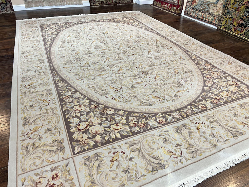 Aubusson Rug 10x14, Wool & Silk Highlights Hand Knotted Vintage Carpet, Birds Flowers, Fine Details, Elegant by Jewel Rugs