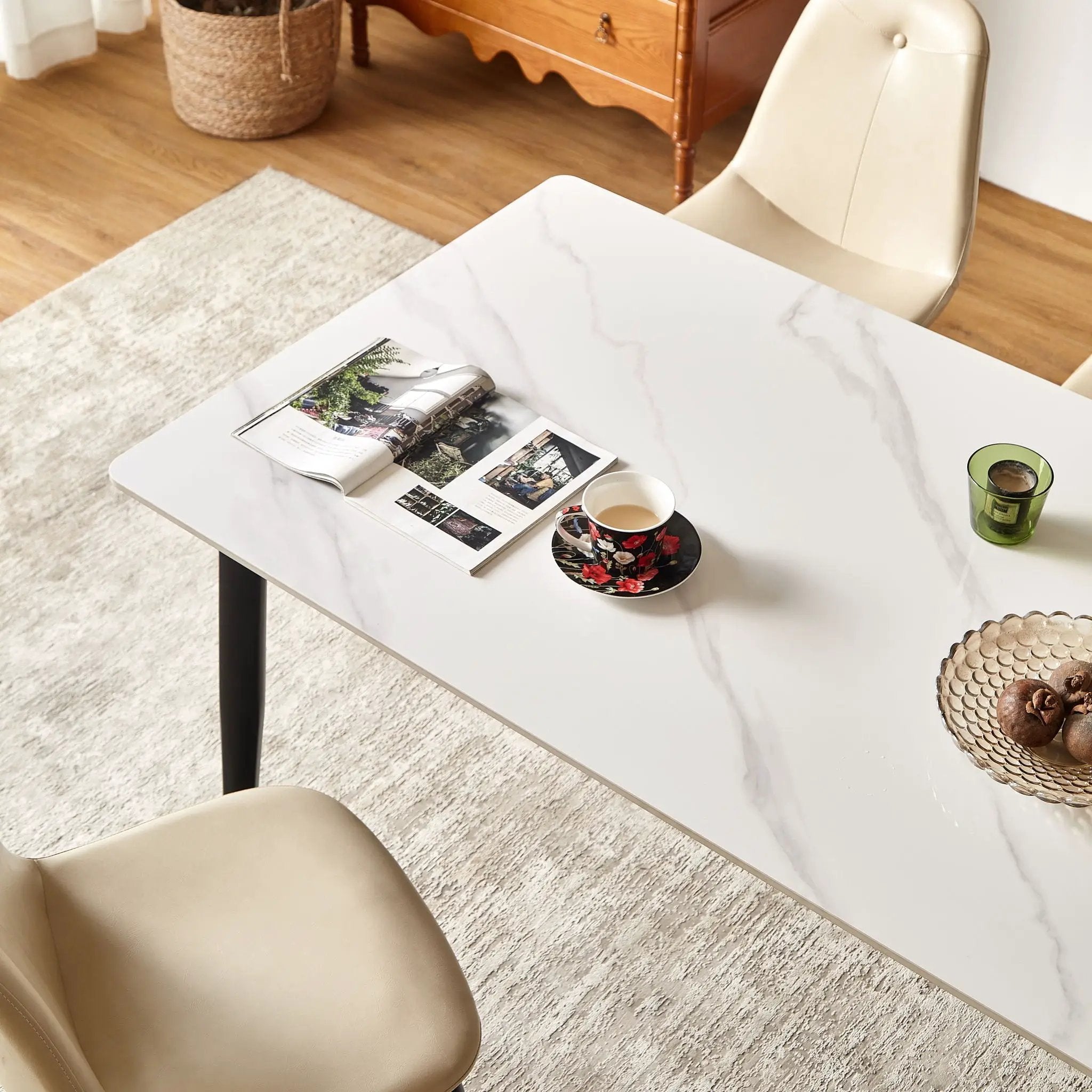 Dining Table Round White Sintered Stone Top Heavy Duty Metal Legs Waterproof Surface For Kitchen Dining Room Or Office Furniture - White / Black by Unique Piece Furniture