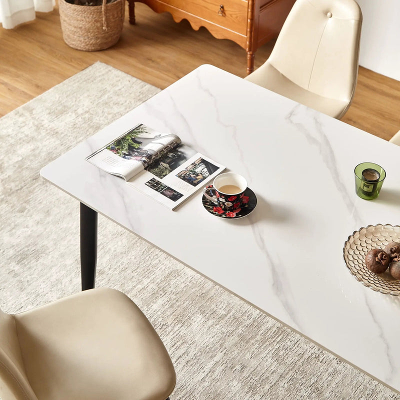 Dining Table Round White Sintered Stone Top Heavy Duty Metal Legs Waterproof Surface For Kitchen Dining Room Or Office Furniture - White / Black by Unique Piece Furniture