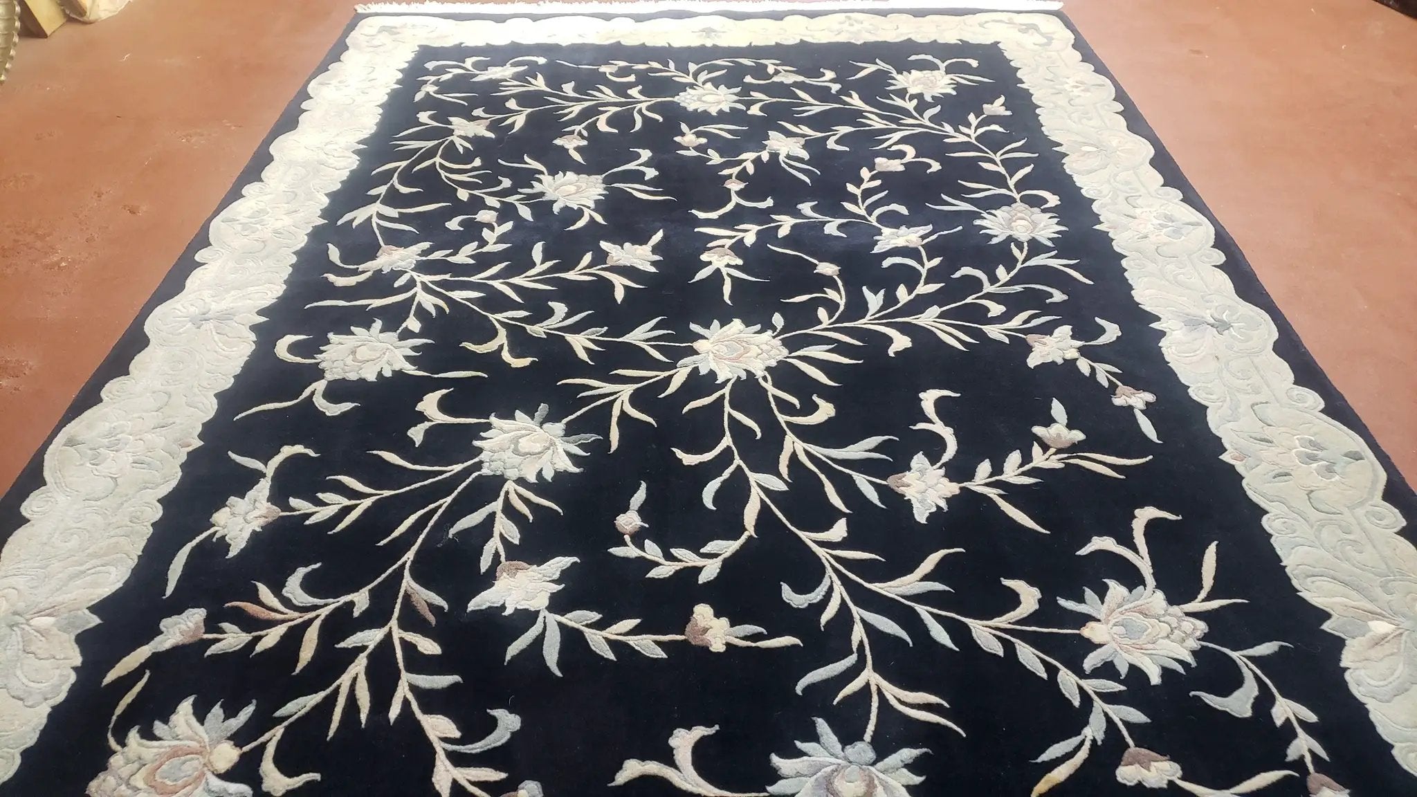6x9 Vintage Black Gray Chinese Rug 120 Lines Wool Carpet Floral Design Hand-Knotted Soft Pile Entryway Rug Foyer Rug Nice by Jewel Rugs