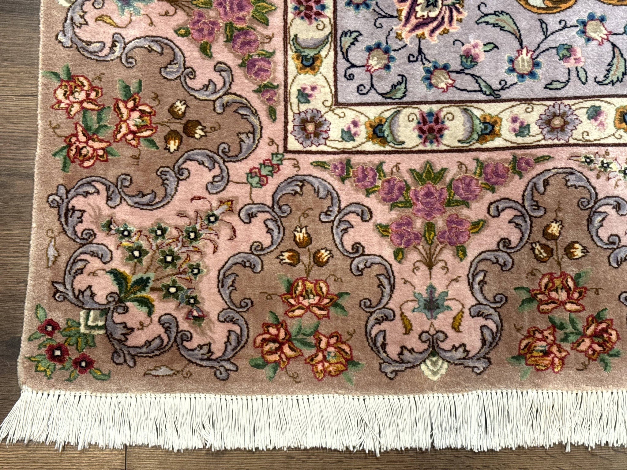 Wonderful Persian Tabriz Rug 7x10, Very Fine 330 KPSI, Light Green Light Blue Pink, Kork Wool Silk Foundation, Bird Pictorials by Jewel Rugs